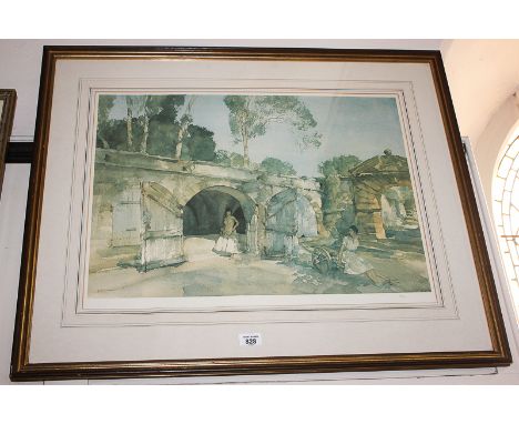 After William Russell Flint (1880-1969), two women amongst arches, trees beyond, limited edition colour print, blind stamped 