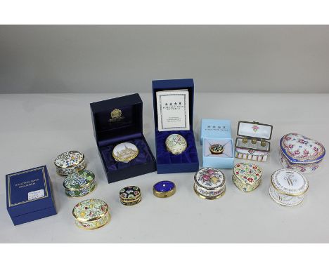 Two Halcyon Days enamel boxes (boxed), together with a Royal Worcester pill box depicting Chichester Cathedral (boxed), a blu
