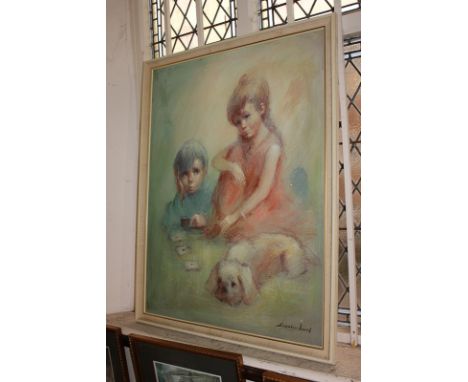 Barry Leighton-Jones (1932-2011), children playing cards beside a puppy, oil on canvas, signed, paper label verso, 101cm by 7