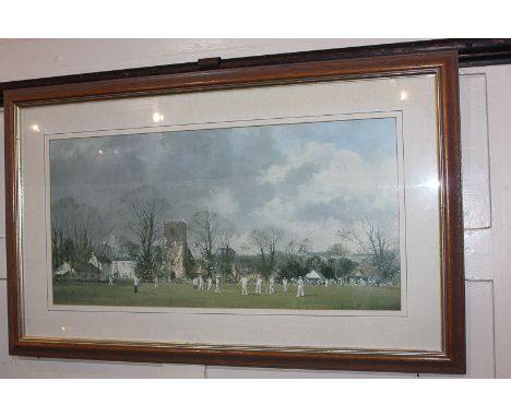 After Roy Perry, cricket match on a village green with distant church and buildings, 'The Opening Match', colour print, 27cm 