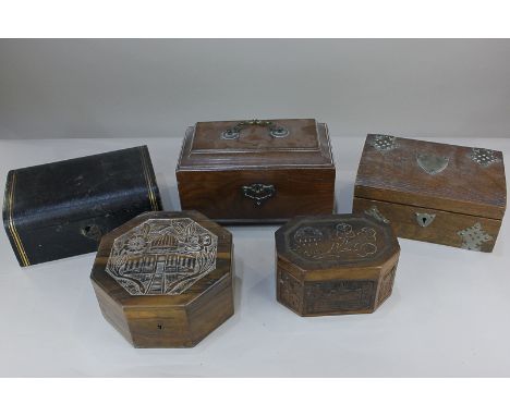 Three wooden trinket boxes, a tea caddy (a/f), and a jewellery box