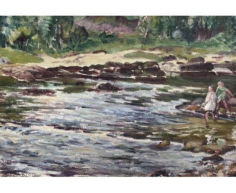 John Smith Atherton (British 1877-1943): Children Paddling in a River, oil on panel signed  24cm x 35cm