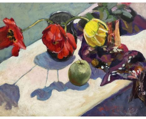 Joan M Pook (British 1927-2011): 'Tulips and Scarf', acrylic on board signed, titled verso 40cm x 50cm