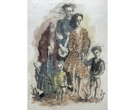 Ursula Vivian McCannell (British 1923-2015): 'Gypsy Family', hand-coloured lithograph signed with initials and dated ‘64 in p