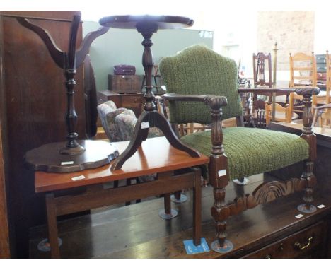 A mahogany china cabinet, two wine tables, a coffee table and an elbow chair