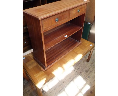 A modern coffee table, a mahogany two shelf two drawer bookcase, a card table and a magazine rack