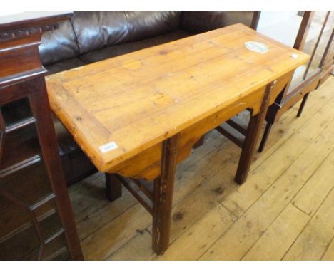 An Edwardian inlaid mahogany china display cabinet and rectangular pine table