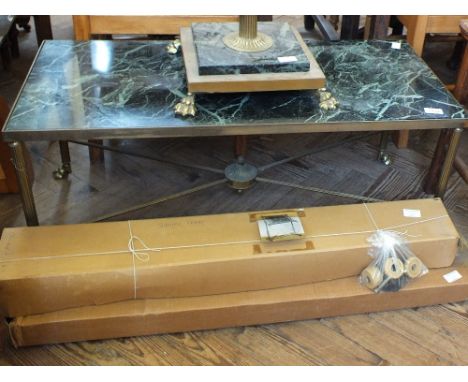 A marble and brass coffee table, various tapestry frames, a brass and marble standard lamp