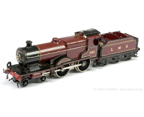 Hornby O Gauge E220 4-4-0 Loco and Tender LMS maroon "Compound" No.1185, 20 volt electric. Some light retouching to loco and 
