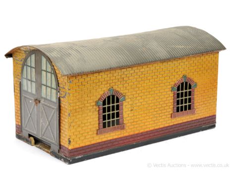 Bing Gauge 1 hand painted Engine Shed with brick effect sides in yellow/brown and dark maroon, 2 windows to both sides with G