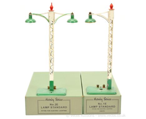 Hornby O Gauge pair of Lamp Standards consisting of a No.1E and No.2E.  Some overpainting particularly to the lattice posts, 
