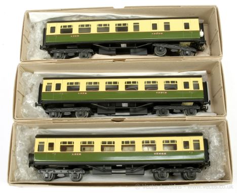 Bassett-Lowke O Gauge post-war BR red and cream Passenger Coaches all repainted in LNER Tourist Stock cream and green with nu