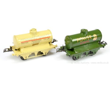 Hornby O Gauge a pair of Petrol Tankers consisting of a Motor "BP" Spirit in cream, fitted with post-war plastic wheels and a