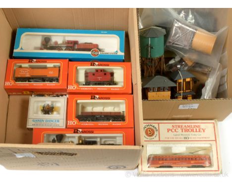 HO Locos, Rolling Stock and Buildings comprising Rivarossi 1212 Virginia and Truckee 4-4-0 Steam Loco "Genoa", 3 x USA Outlin