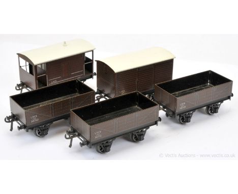 Bassett-Lowke O Gauge post-war a group of LMS Goods Wagons consisting of Brake Van, Covered Wagon and 3 x Open Wagons.  Excel