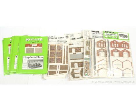 N Gauge Metcalf Card Kits comprising 2 x N11 Engine Shed, 2 x N17 Railway Cottages, 8 x PN103 Terraced Houses, 2 x N11 4-road