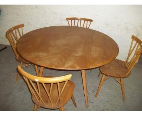 AN ERCOL BLONDE DROP LEAF TABLE AND 4 CHAIRS