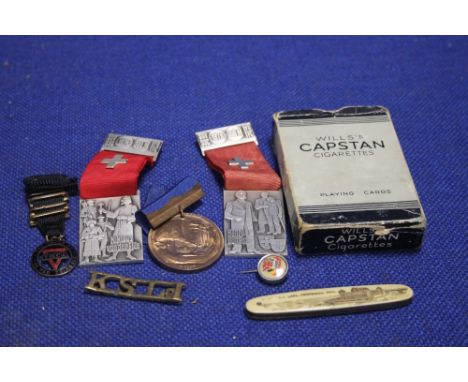 A QUANTITY OF MEDALS, ADVERTISING PLAYING CARDS, PEN KNIFE ETC