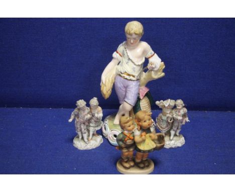 THREE CONTINENTAL STYLE FIGURES TOGETHER WITH A GOEBEL FIGURE 