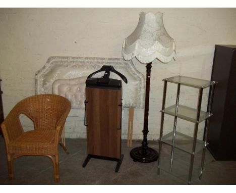 FIVE ITEMS TO INCLUDE A FLOOR STANDING LAMP, A TROUSER PRESS ETC