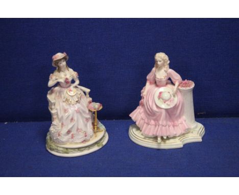 A ROYAL WORCESTER FIGURINE 'EMBROIDERY' TOGETHER WITH A COALPORT FIGURINE 'MAY QUEEN'CONDITION REPORT:CHIP TO THE HAT ON MAY 