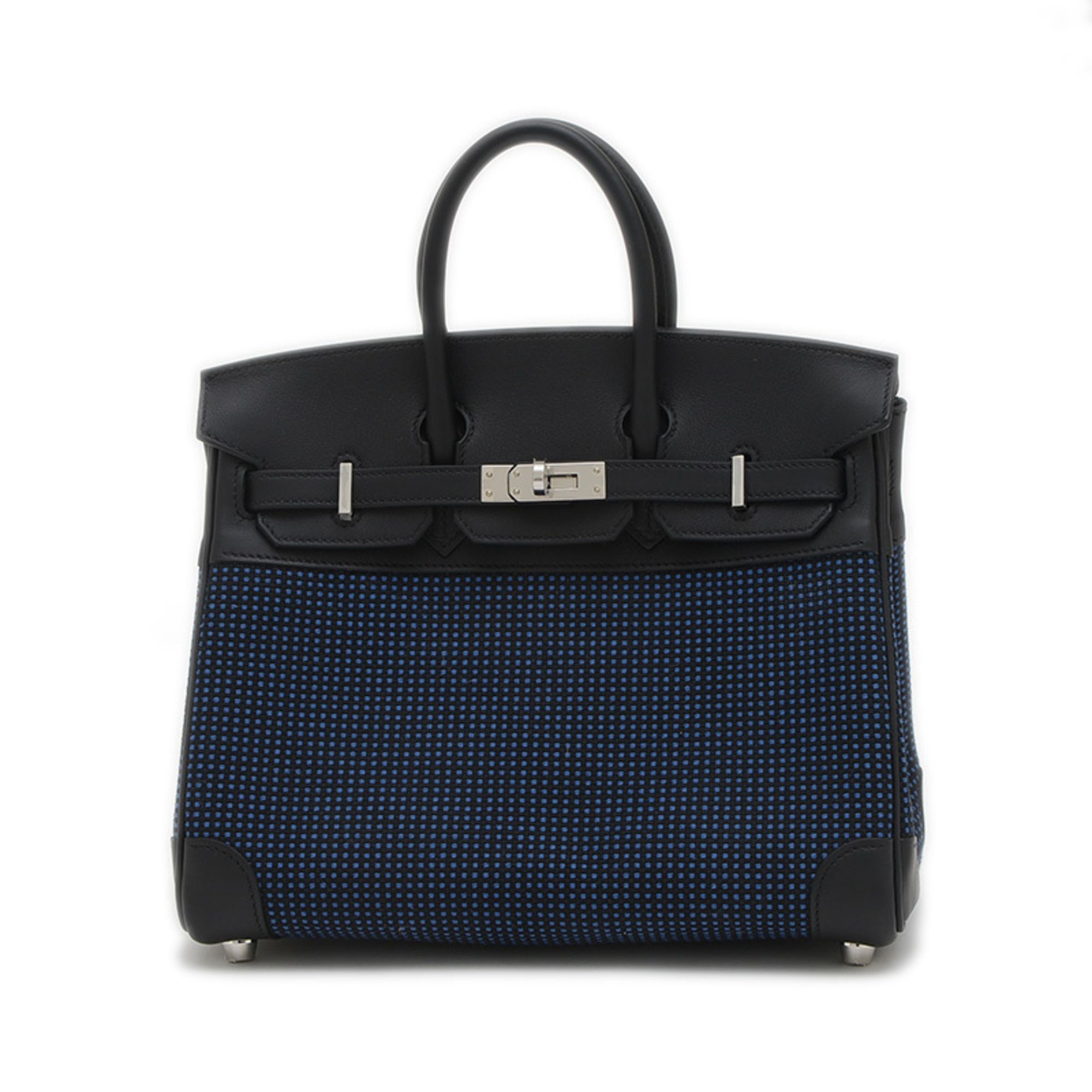 Hermes Birkin 25 Handbag Swift Toile Cadrile Black Blue Eje Silver Hardware W Engraved