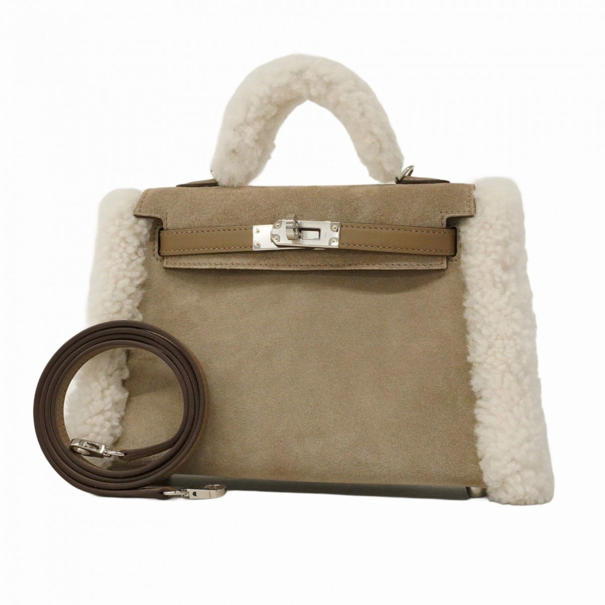 Hermes handbag Mini Kelly Teddy Grizzly Swift Mouton Etoupe Griscaille Ecru W stamped ladies