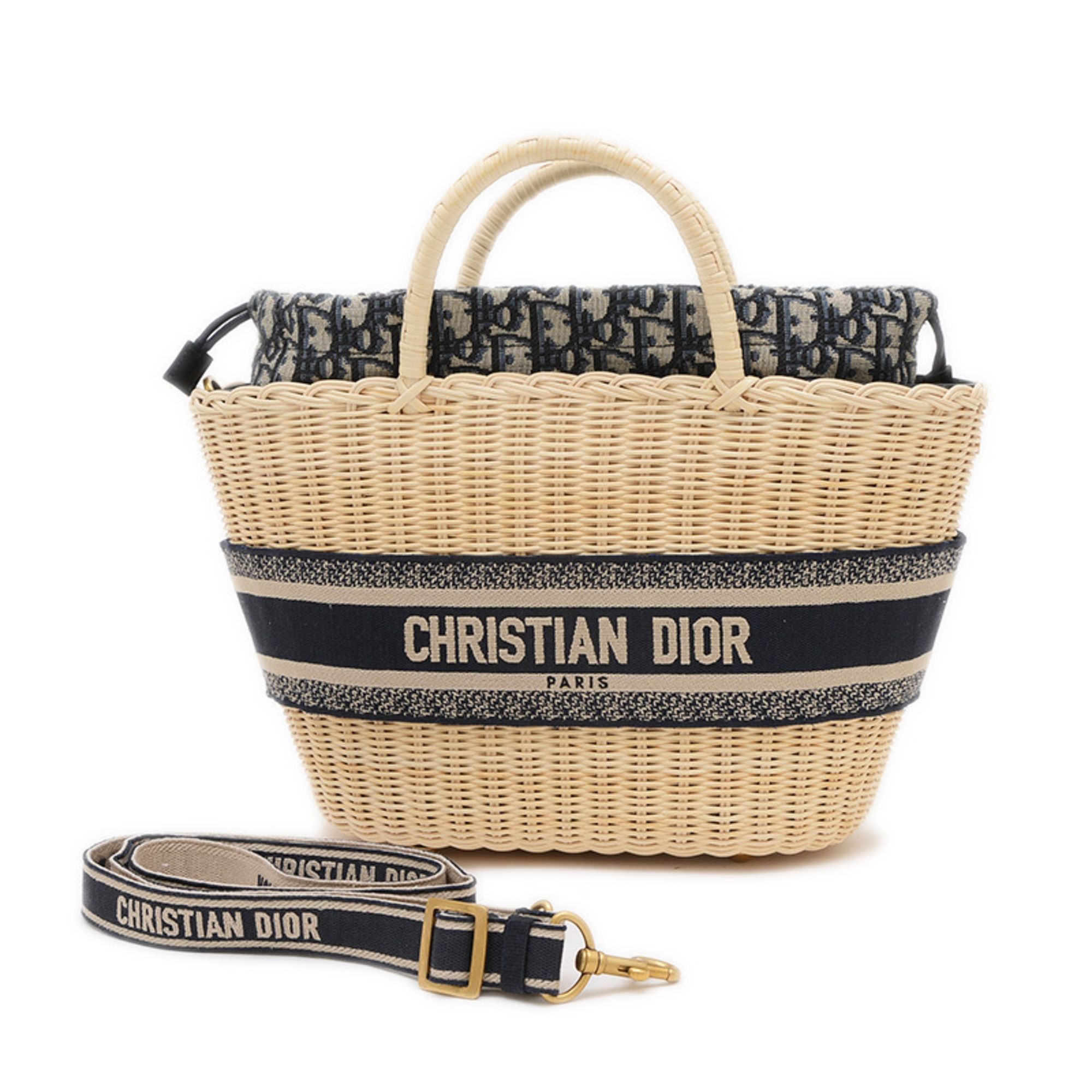 Christian Dior Dior Panier Chapeau Bag 2WAY Hand Shoulder Wicker Jacquard Natural Navy