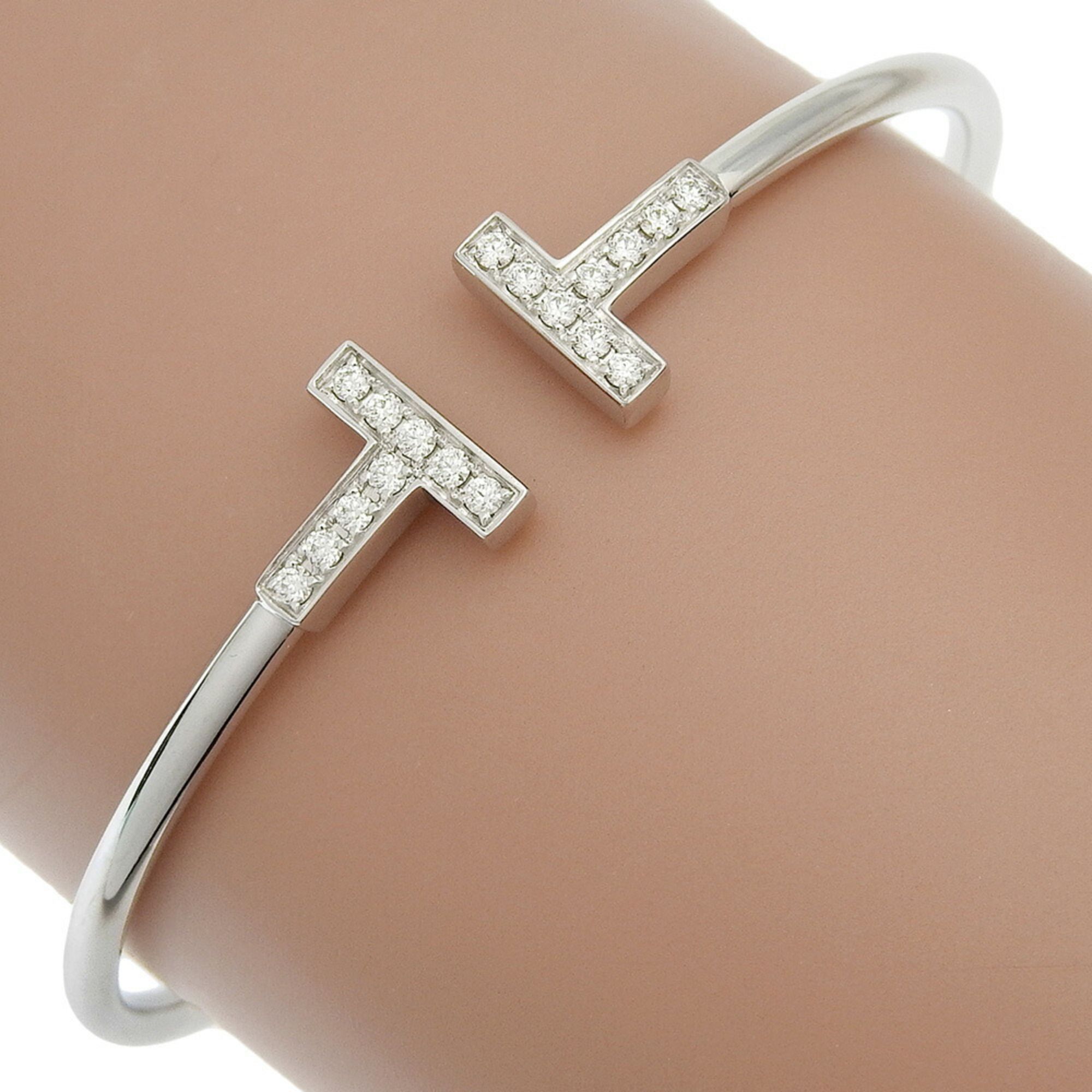 Tiffany & Co. T-Wire Bangle Bracelet in 18K White Gold with Diamonds, Approximately 7.9g, Women's, S