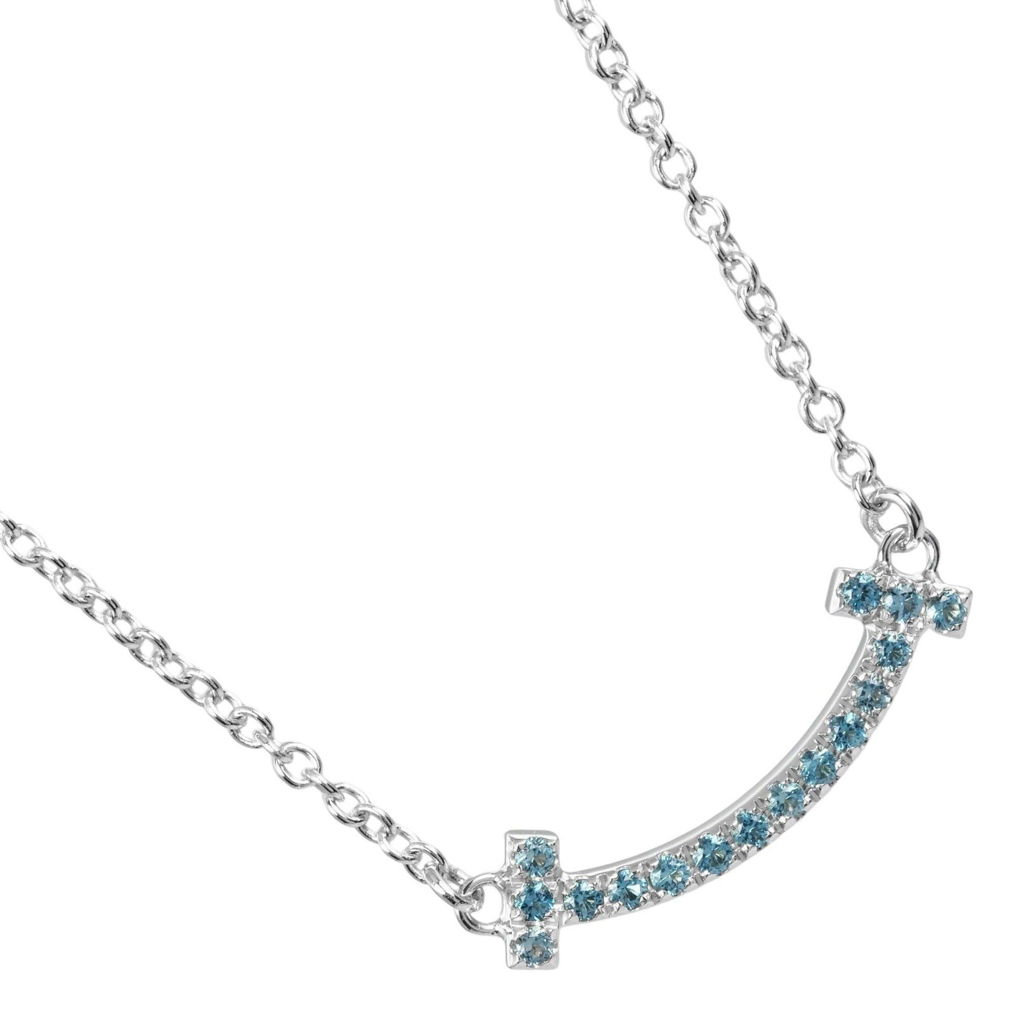 Tiffany & Co. T Smile Necklace, K18WG, White Gold, Blue Topaz, Approx. 2.44g