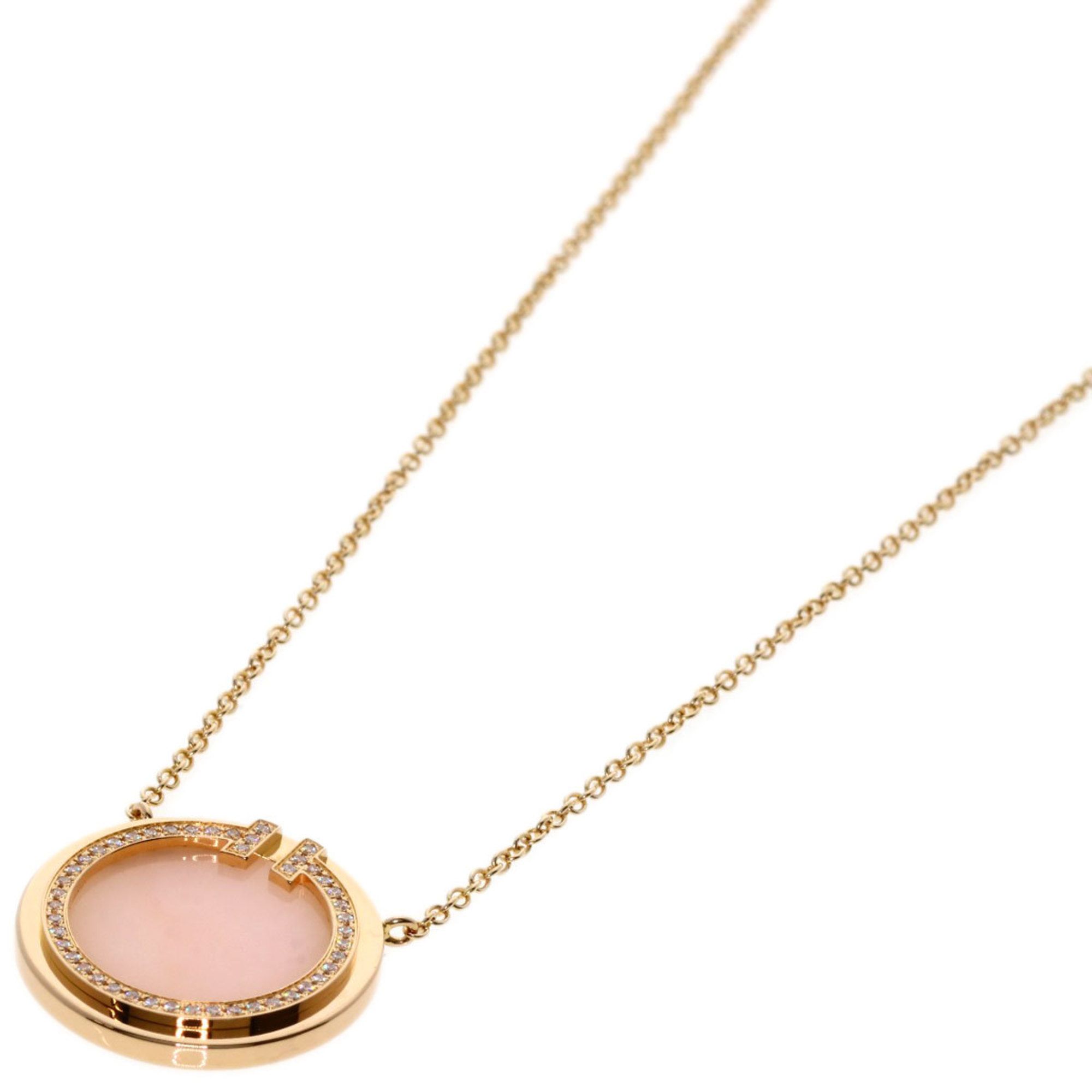 Tiffany T TWO Diamond Pink Opal Circle Necklace K18 Gold for Women