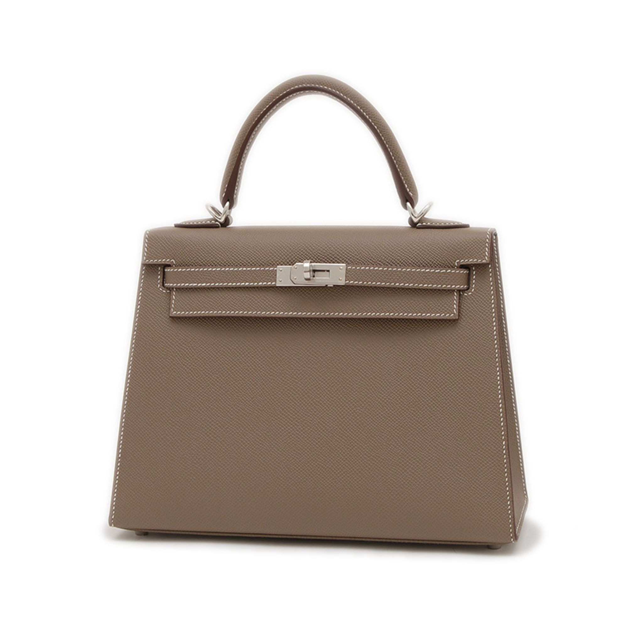 Hermes Kelly 25 Outer Stitched Handbag Epson Etoupe Silver Hardware W Engraved