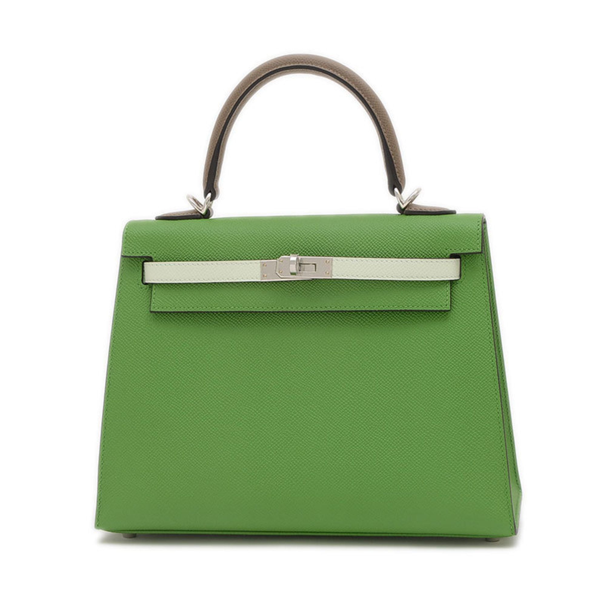 Hermes Kelly 25 Handbag Tricolor Epson Vert Yucca Fizz Etoupe W Engraved