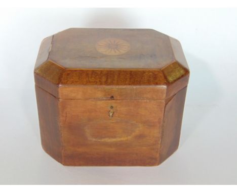 Inlaid satin tea caddy the top with flower emblem enclosing a fitted interior, 10 cm high. 