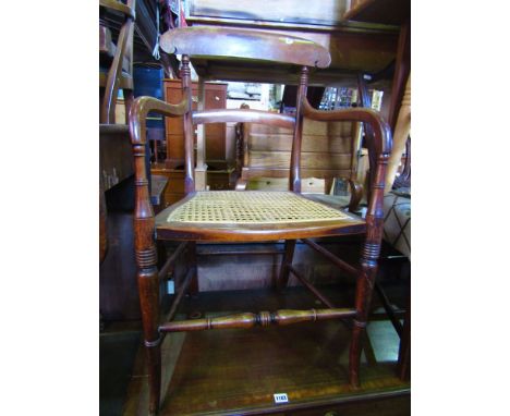 A Regency beechwood elbow chair with cane panelled seat, a Windsor style stool, a Georgian shield back dining chair etc