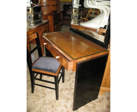 A good quality Art Deco Kingwood and walnut veneered dressing table and chair, the dressing table with typical ebonised mirro