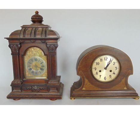 A German two train bracket clock with arched gilt face in an architectural case, 44 cm high approx together with a further Ar