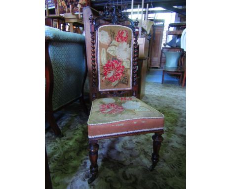 A Victorian rosewood side chair with barley twist supports carved and pierced cresting rail and handwork tapestry seat and ba