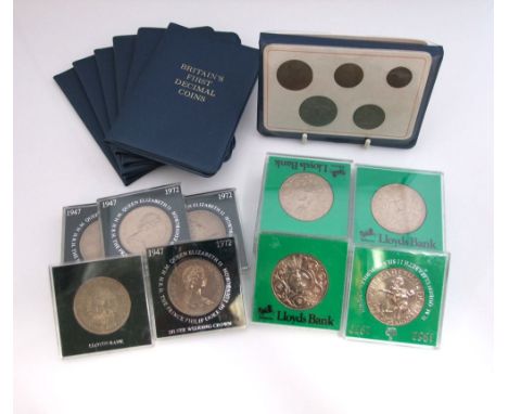 Ten 1977 jubilee crowns and seven 1972 silver wedding crowns, together with seven packs of Britain's first decimal coins