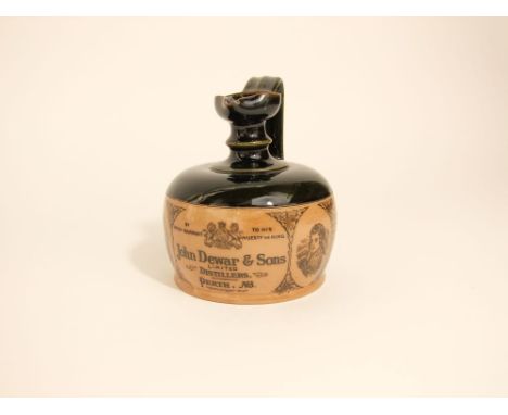 A Royal Doulton stoneware whiskey jug with printed decoration advertising John Dewar & Sons of Perth with portrait and landsc