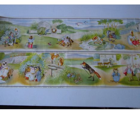 A set of three 1950s coloured prints/nursery friezes showing panoramic scenes from The Tales of Beatrix Potter, published by 