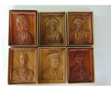5 small carved hardwood portrait plaques, Florence Nightingale, Duke of Wellington x 2, Queen Mother, Sir Walter Raleigh