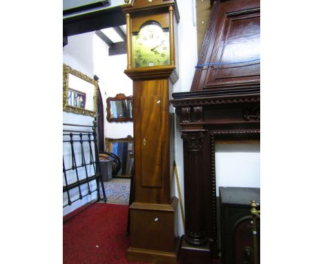 A mid-20th century mahogany longcase clock with broken arch brass dial and chiming movement.