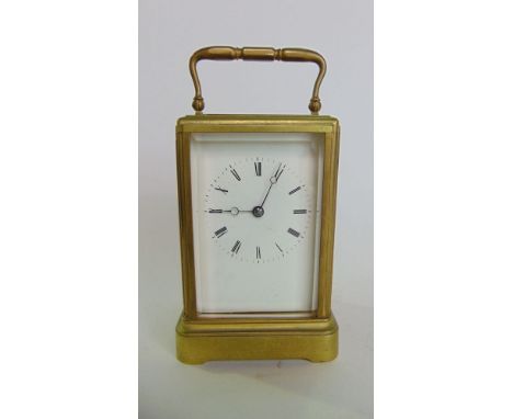 Japy Freres carriage clock with white enamel dial, striking on a bell marked Henry Marc Paris, movement 38625, 14cm, working