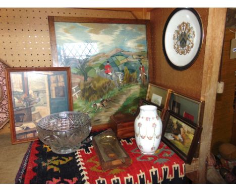 Mixed miscellaneous lot to include wool work picture of a hunting scene, various other pictures, a small kelim prayer mat fen