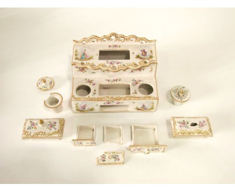 A 19th century continental ink stand (probably French) with polychrome painted Watteauesque style figures in landscape settin