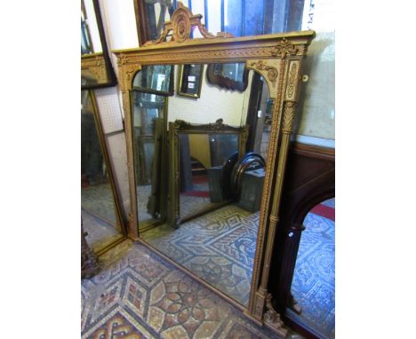 A Victorian gilded overmantle mirror with reeded column supports, the frame with further geometric detail, 155 cm tall approx
