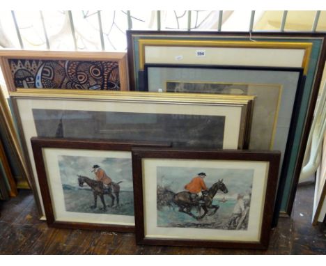 A pair of early 20th century humorous coloured hunting prints showing Mr Jorrocks, 35 x 44cm in oak frames with gilt slips, t