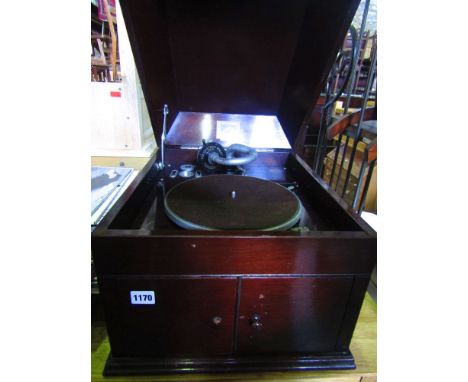 An HMV table top gramophone model 109 with HMV sound box number 4 together with a quantity of later vinyl records