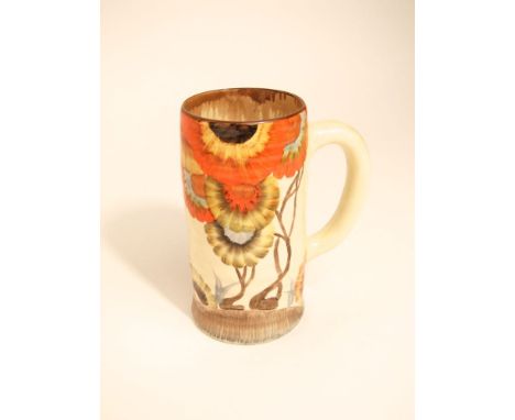 A Clarice Cliff tankard in the Rhodanth pattern with orange and brown colourway with printed mark to base, 16cm tall approx